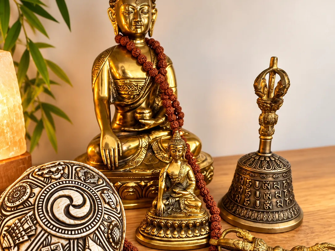 Artisanat népalais : statuettes de Bouddha, ghanta, dorjé, mala et conque sculptée à Bonsecours, près de Rouen