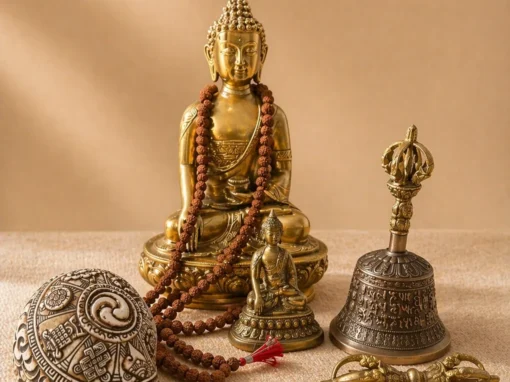 Artisanat népalais : statuettes de Bouddha en laiton, ghanta et conque ciselée