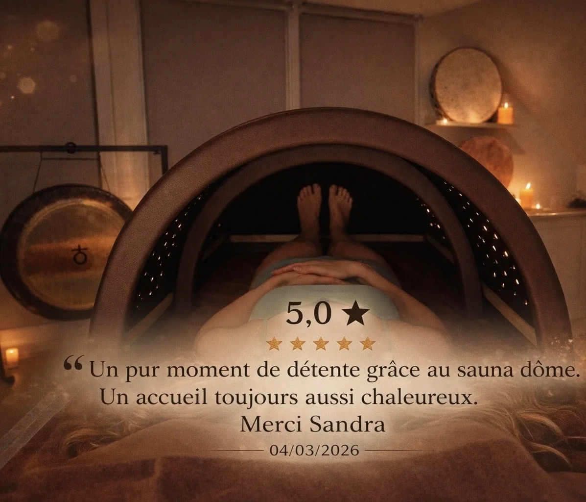 Avis Google 5 étoiles sur le Sauna Dôme japonais : un pur moment de détente, merci Sandra