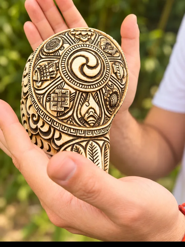 Conque tibétaine sculptée de symboles, tenue dans les mains