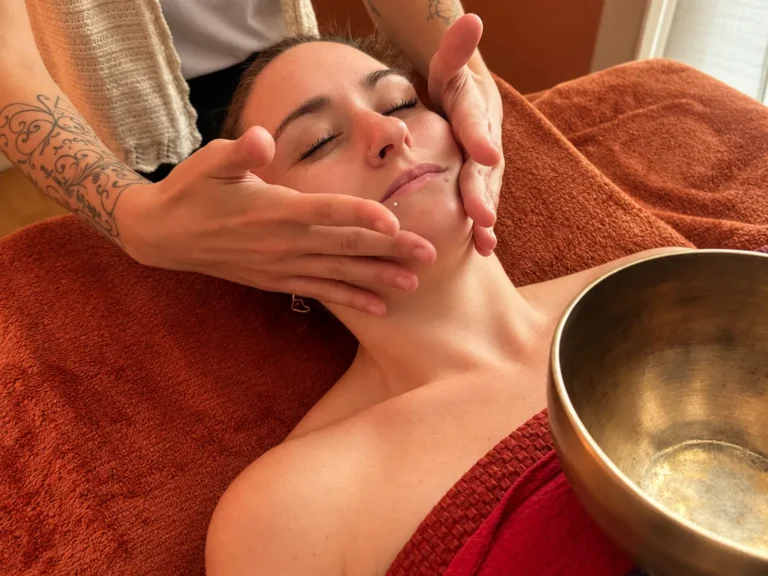 Lumière d’Ananda : massage du visage à quatre mains avec bol tibétain posé sur le corps