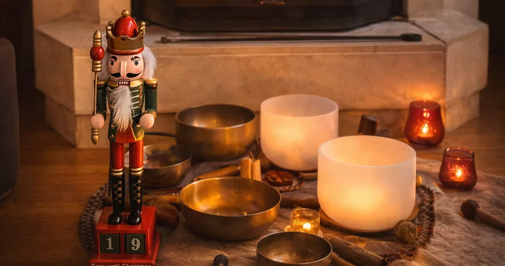 Bols tibétains et bols de cristal devant une cheminée décorée pour Noël