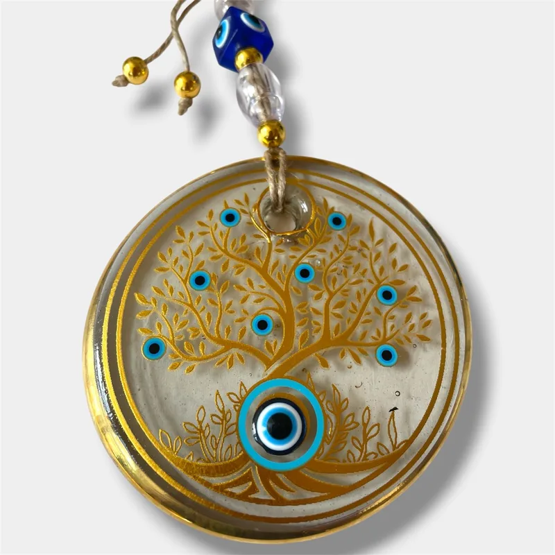 Œil de Nazar en verre décoré d’un arbre de vie doré, fait main en Turquie