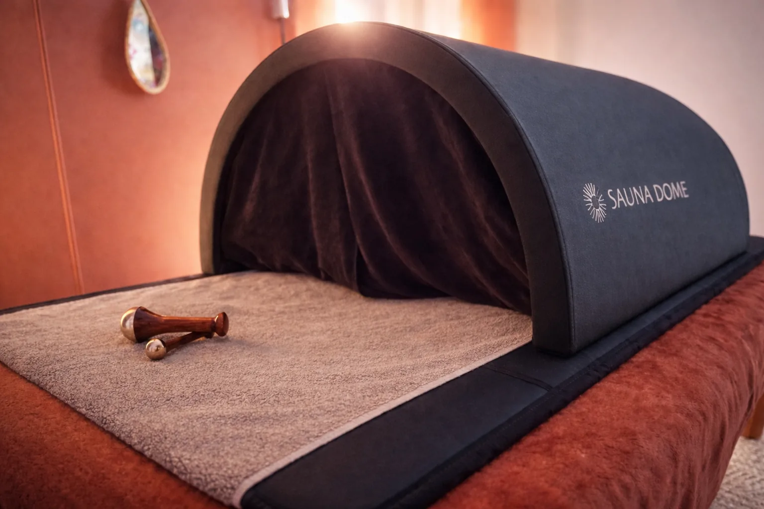 Sauna Dôme japonais Le Sauna Dôme japonais prêt pour une séance, avec deux Kansa Wands, à Bonsecours près de Rouen