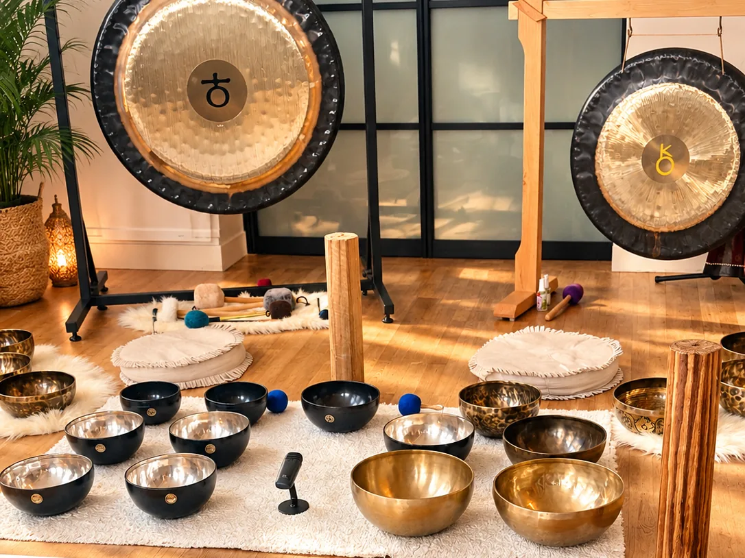 Salle préparée pour un voyage sonore avec gongs, bols tibétains et bols de cristal